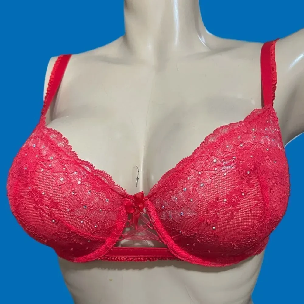 Victorias Secret Designer Collection Rhinestone Embellished Unlined Demi Bra Red